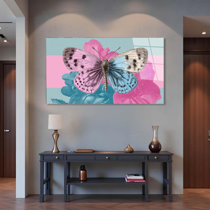 Decorative painting of a butterfly on a wall above a console table.
