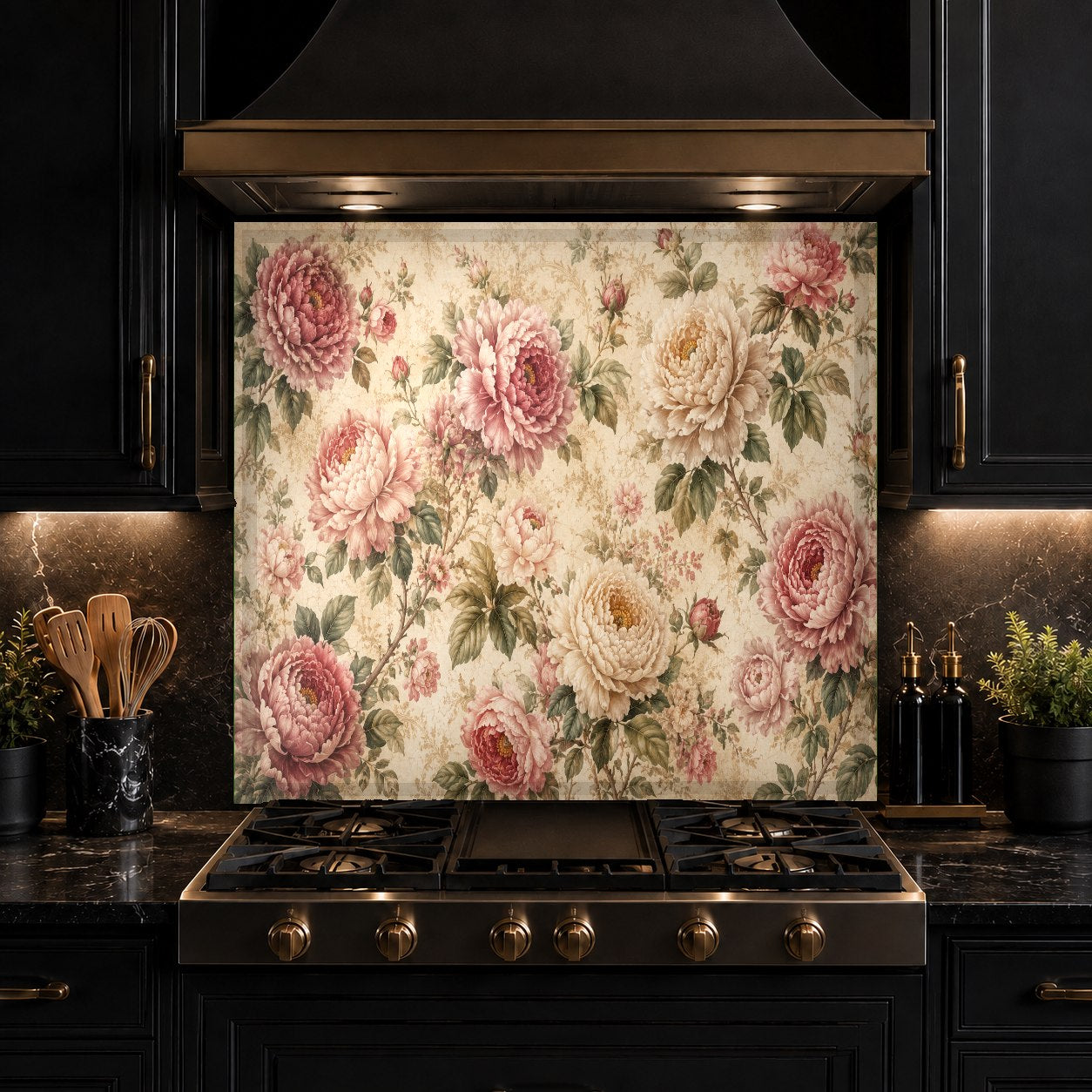 Easy-to-clean tempered glass kitchen backsplash with a classic rose pattern in a rustic kitchen.