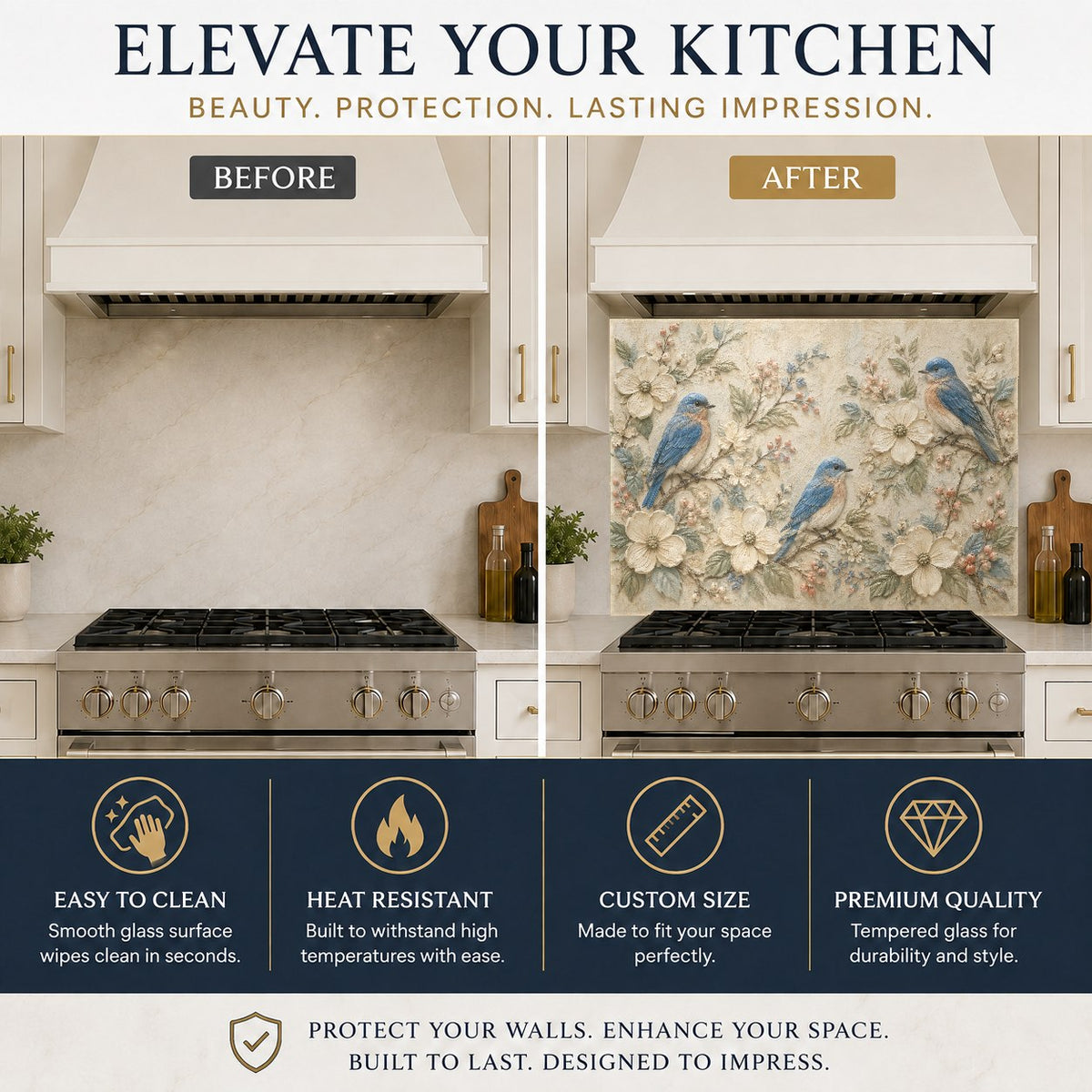 Blue bird kitchen glass backsplash installed above a kitchen sink wall