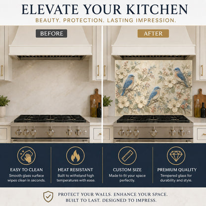 Blue bird kitchen glass backsplash installed above a kitchen sink wall