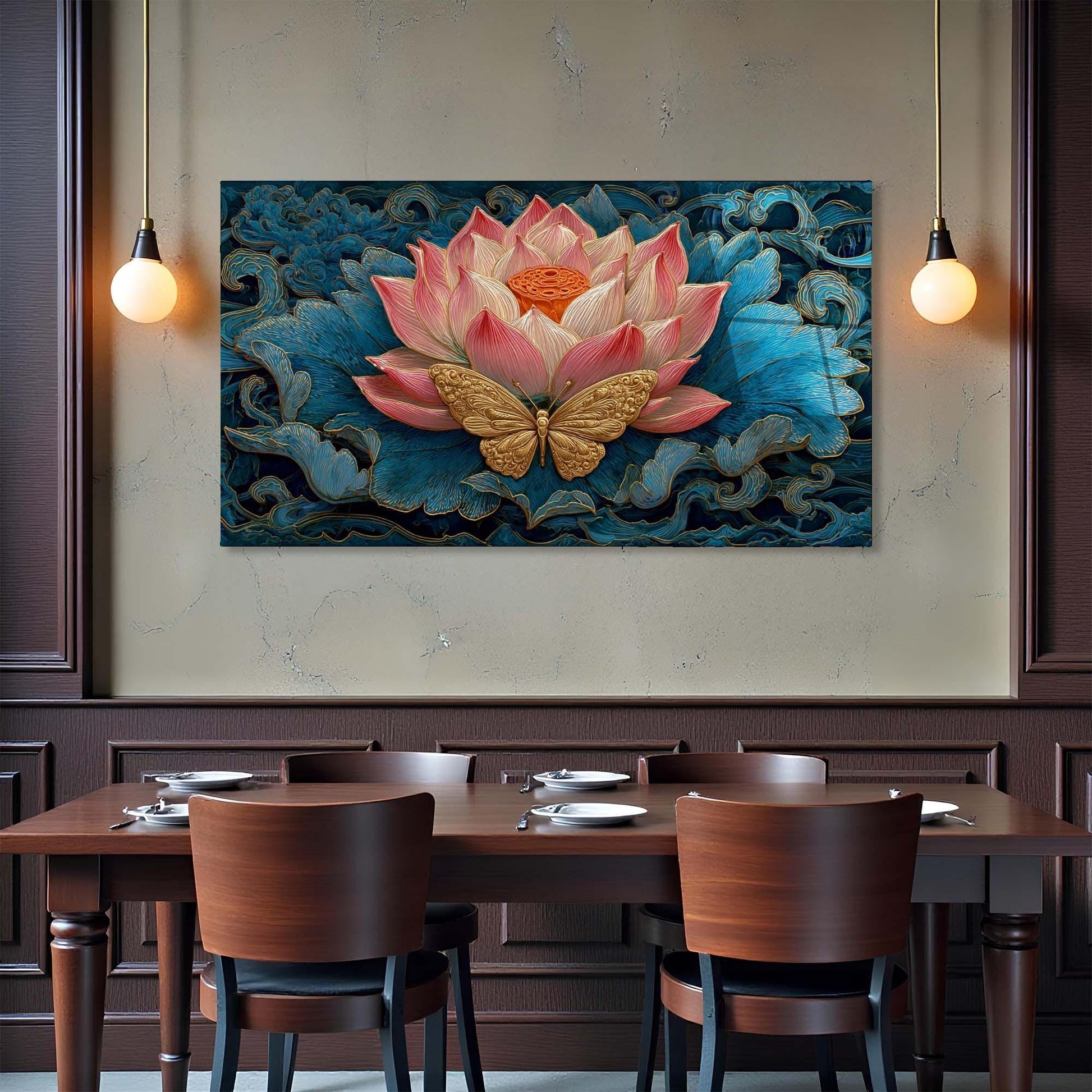 Dining room with a large wall art piece featuring a pink lotus flower and gold butterfly.