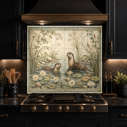 Beautiful forest wilderness glass backsplash panel acting as a focal point in a modern farmhouse kitchen.