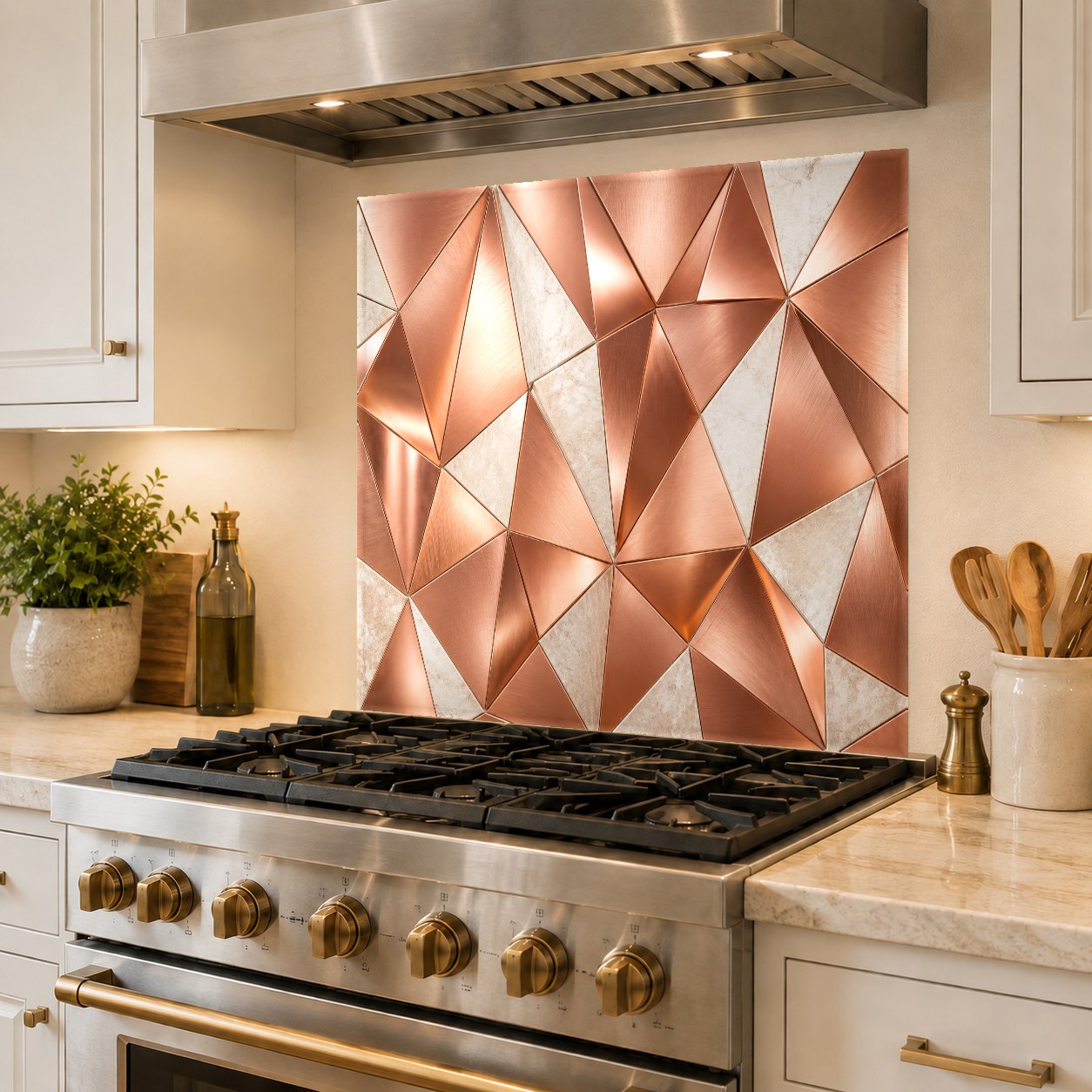 Grout-free abstract copper glass backsplash protecting a busy kitchen stove wall