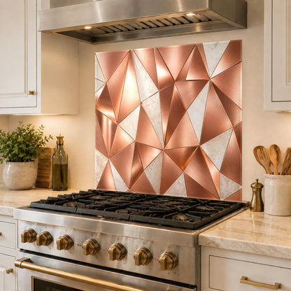Grout-free abstract copper glass backsplash protecting a busy kitchen stove wall