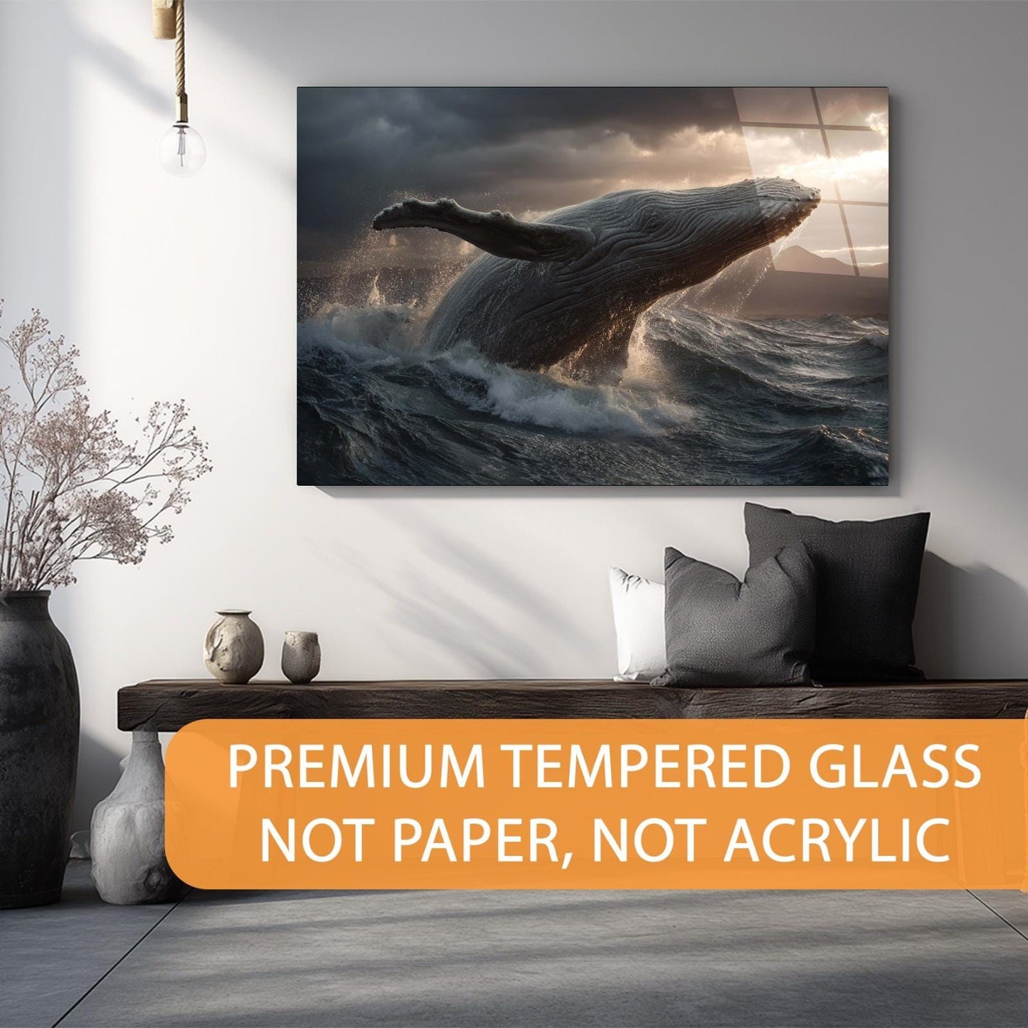 Living room with a large wall art of a whale jumping out of water, featuring premium tempered glass.