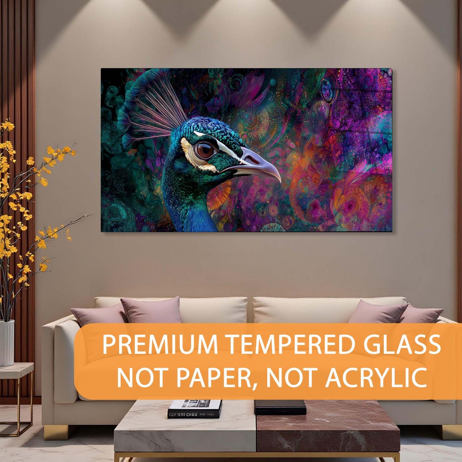 Colorful peacock painting on a wall above a sofa with decorative elements.