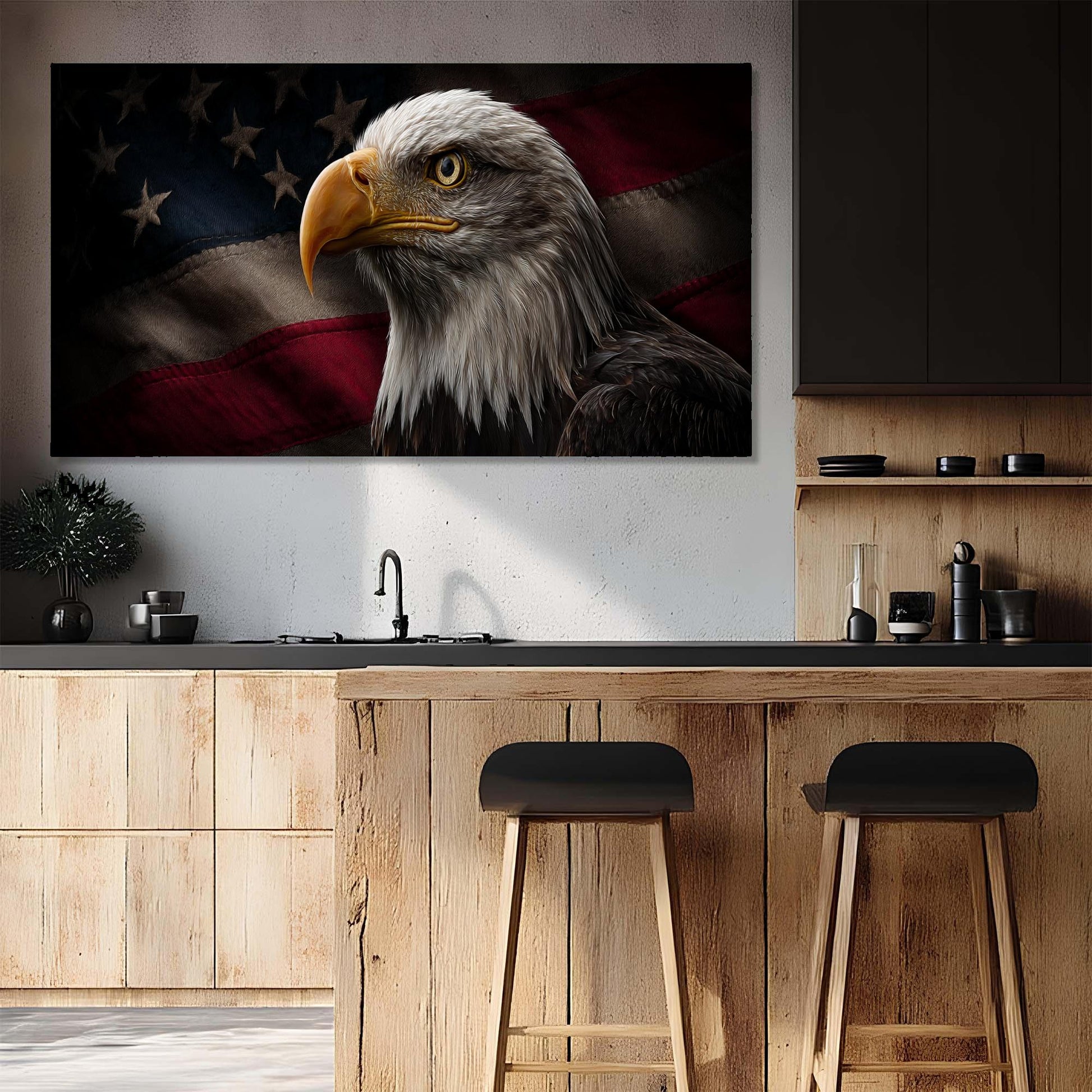 Kitchen with a large wall art of an eagle and American flag, wooden bar stools, and modern decor.