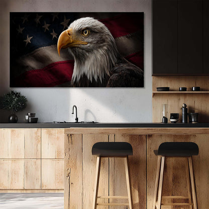Kitchen with a large wall art of an eagle and American flag, wooden bar stools, and modern decor.