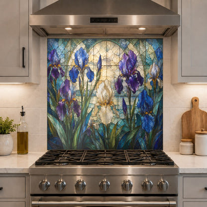 Side profile view of the heat-resistant glass backsplash panel installed behind a kitchen range