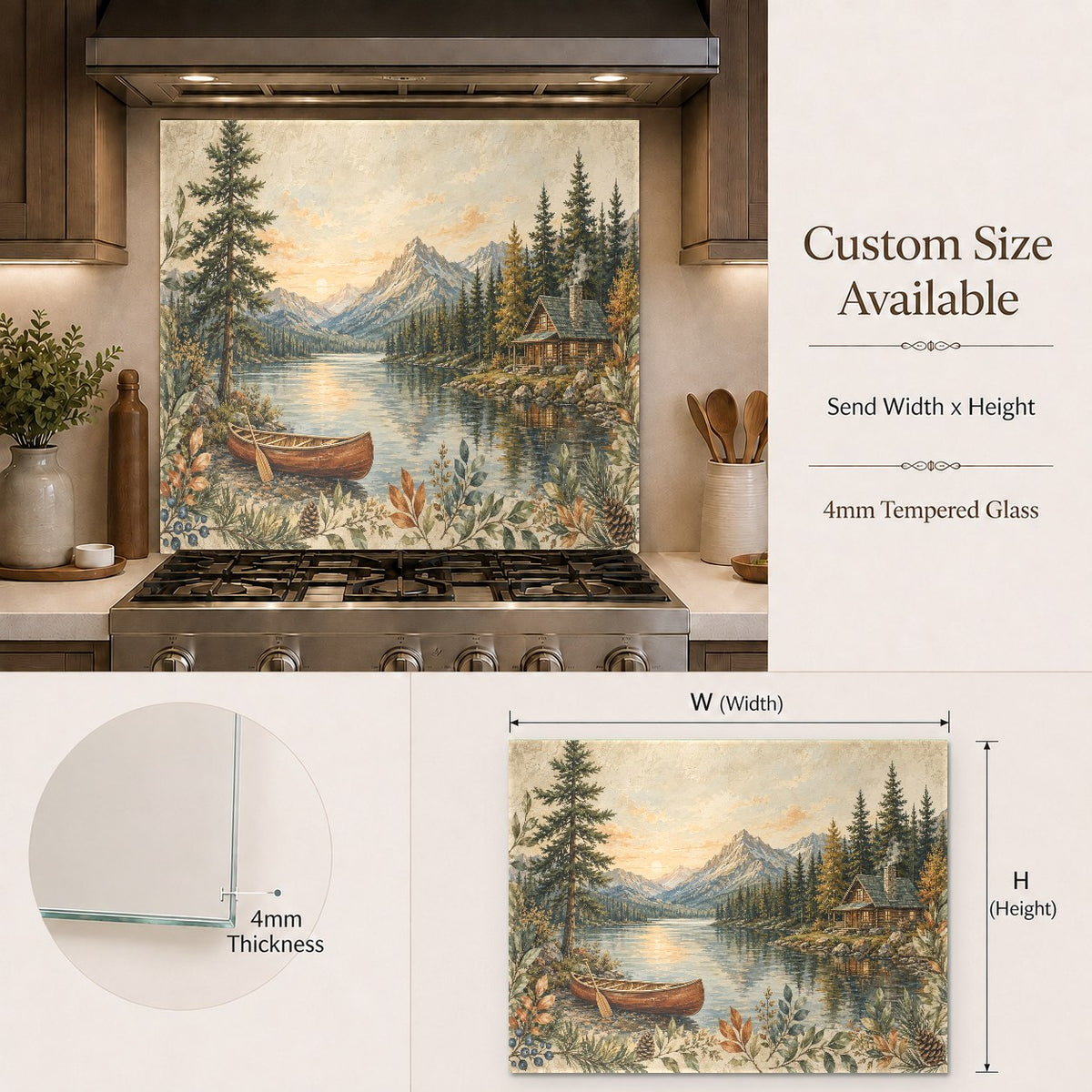 Rustic lakehouse kitchen bar area showcasing a beautiful Lake Mountain glass backsplash panel.