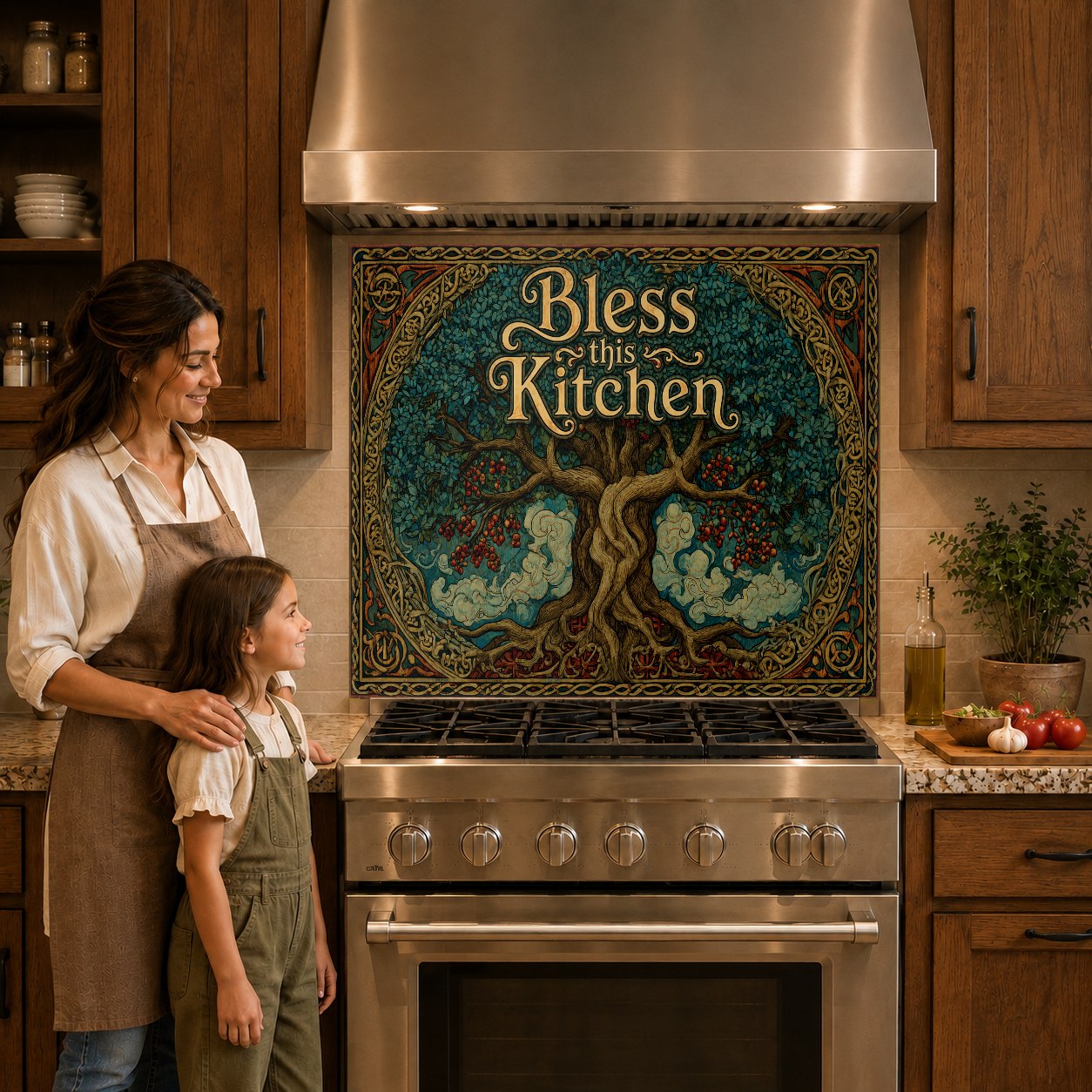 Decorative inspirational glass backsplash panel mounted over a modern kitchen cooktop