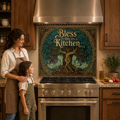 Decorative inspirational glass backsplash panel mounted over a modern kitchen cooktop