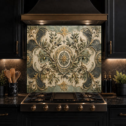 High-definition UV printed glass backsplash panel with olive foliage in a bright, contemporary kitchen.