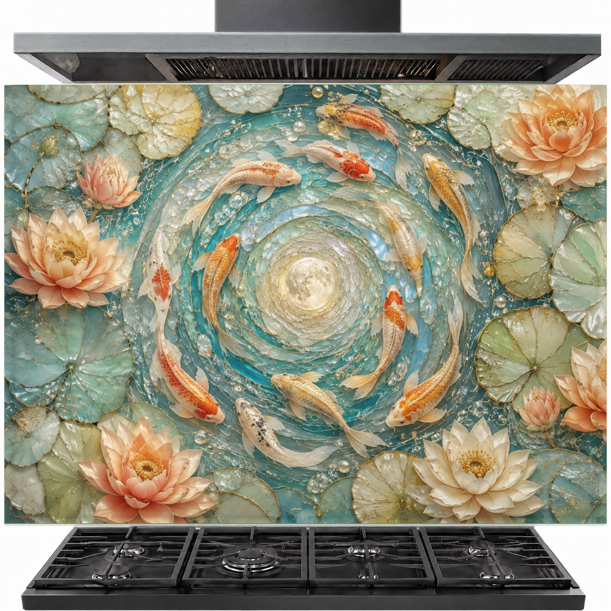 Golden Koi tempered glass backsplash installed behind a modern gas stove in a luxury kitchen.