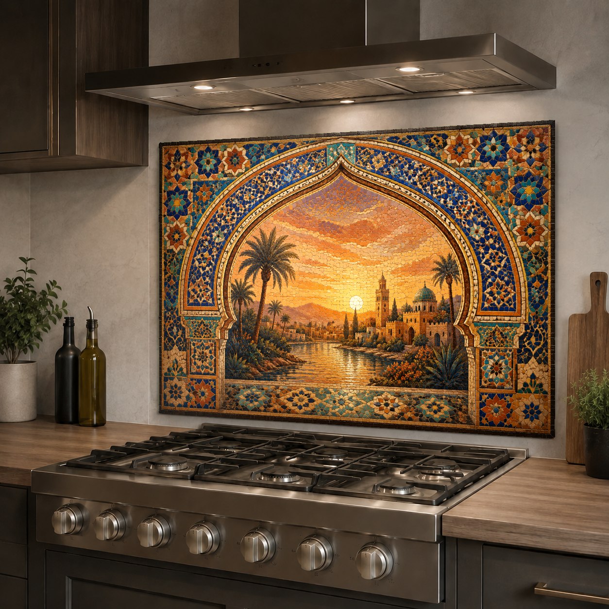 A vibrant orange and terracotta Sunset Oasis glass backsplash protecting the wall behind a kitchen sink.