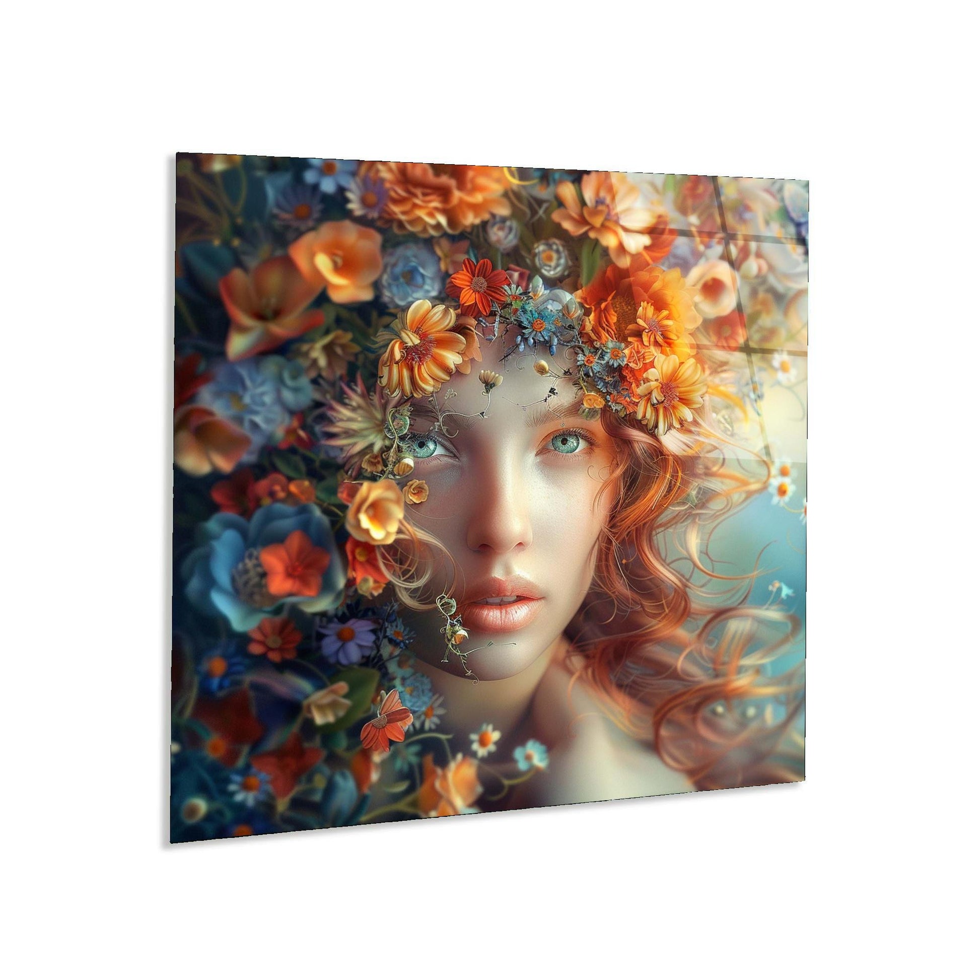 Artistic depiction of a woman's face with flowers and decorative elements on a white background
