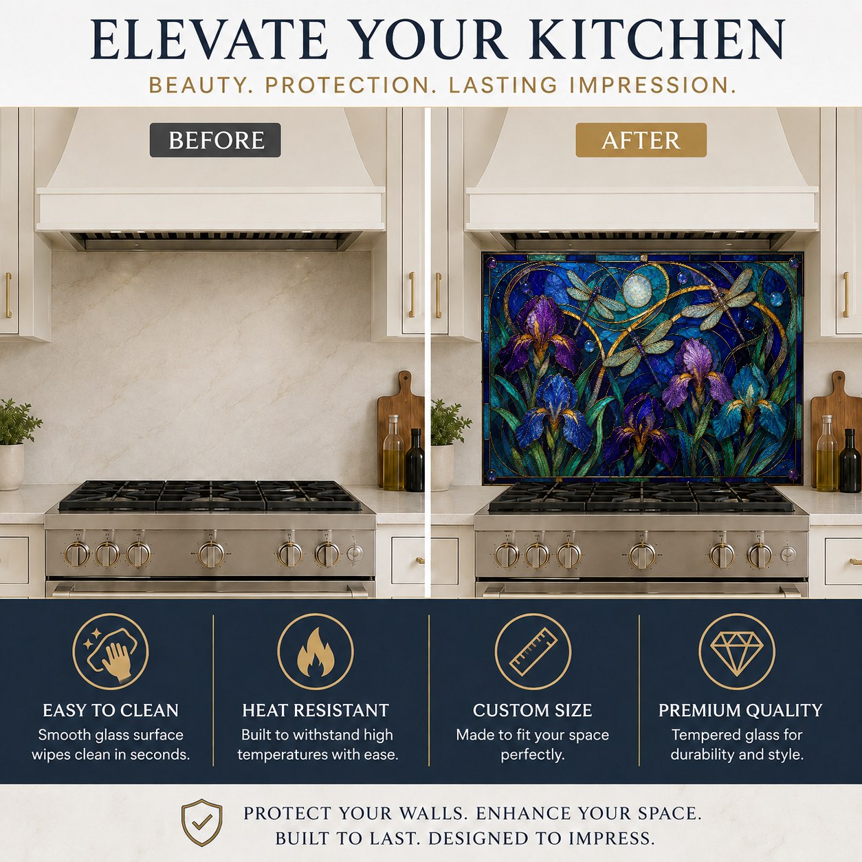 Close-up of the heat-resistant Iris Flight glass backsplash panel showcasing vibrant floral details.