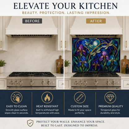 Close-up of the heat-resistant Iris Flight glass backsplash panel showcasing vibrant floral details.