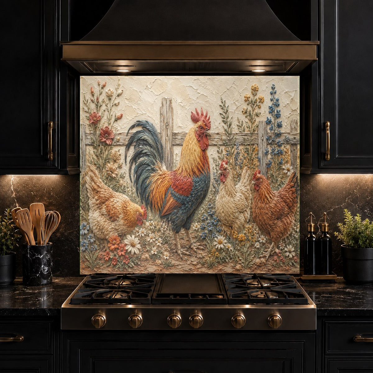 Vibrant rooster kitchen glass backsplash showing high-gloss finish