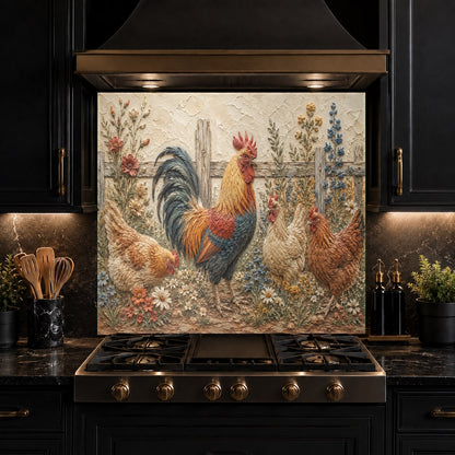 Vibrant rooster kitchen glass backsplash showing high-gloss finish