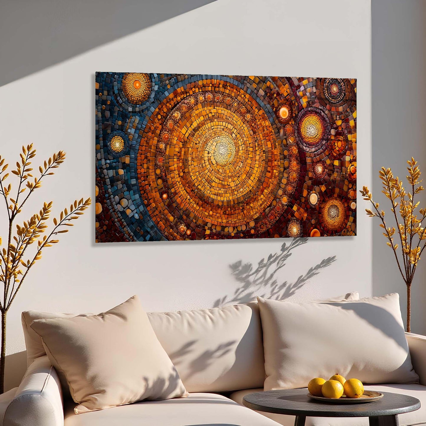 Decorative circular artwork on a wall above a sofa with decorative elements.