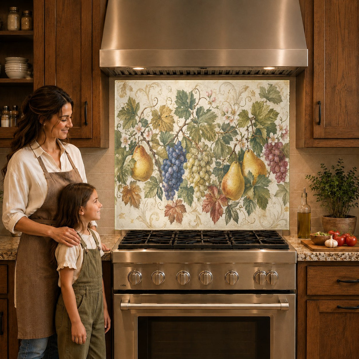 Close-up of a heat-resistant lemon kitchen backsplash panel protecting the wall behind an induction cooktop.