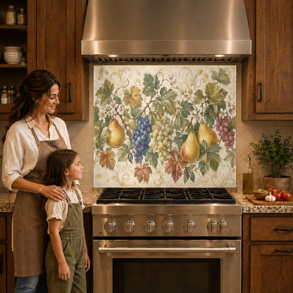 Close-up of a heat-resistant lemon kitchen backsplash panel protecting the wall behind an induction cooktop.