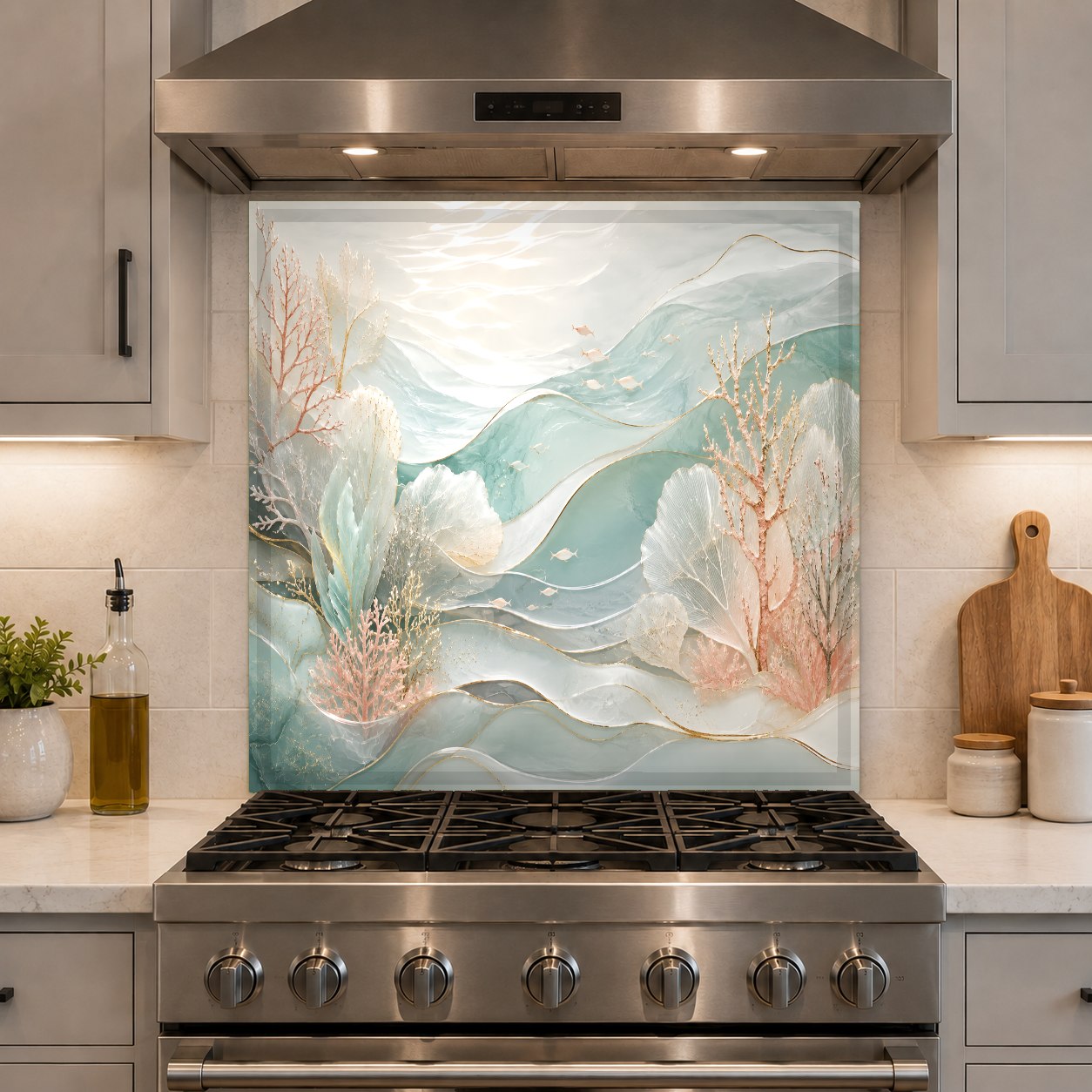 Close-up of coastal design tempered glass kitchen backsplash