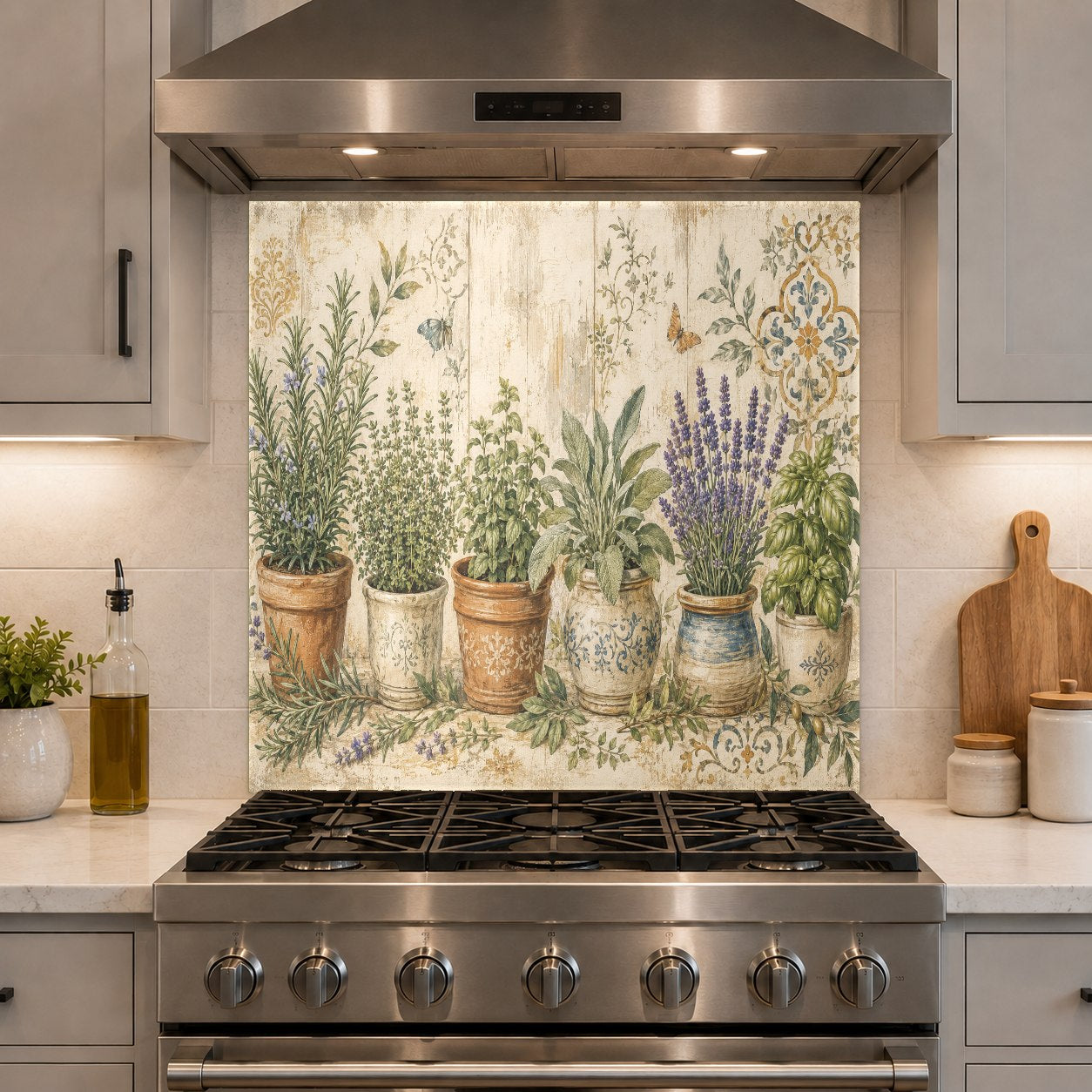 High-gloss pot flowers glass backsplash panel creating a colorful focal point on a neutral kitchen wall.