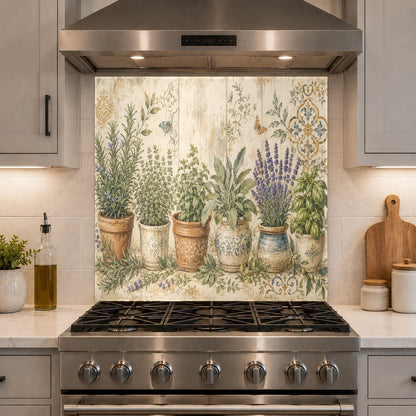 High-gloss pot flowers glass backsplash panel creating a colorful focal point on a neutral kitchen wall.