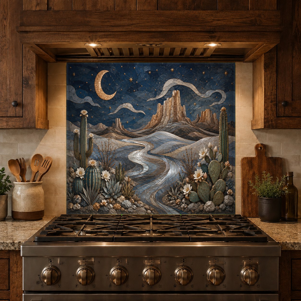 Elegant desert sunset and moon theme glass backsplash accentuating a luxury home bar and prep area.