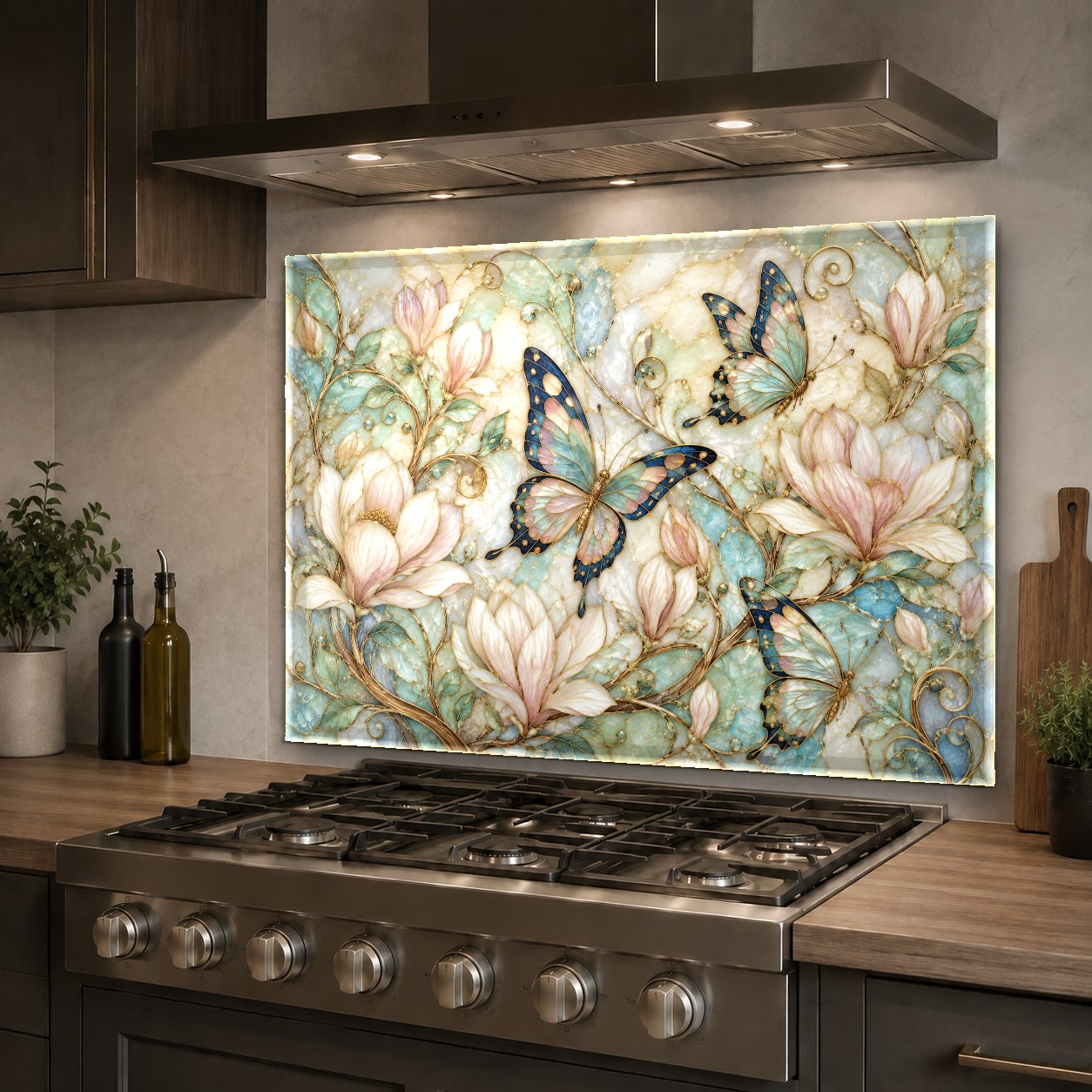 Close up of butterfly glass kitchen backsplash high gloss finish