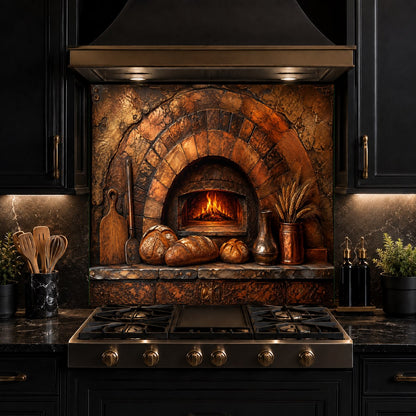 High-gloss tempered glass backsplash with a rustic oven motif in a modern rustic home bar setup.