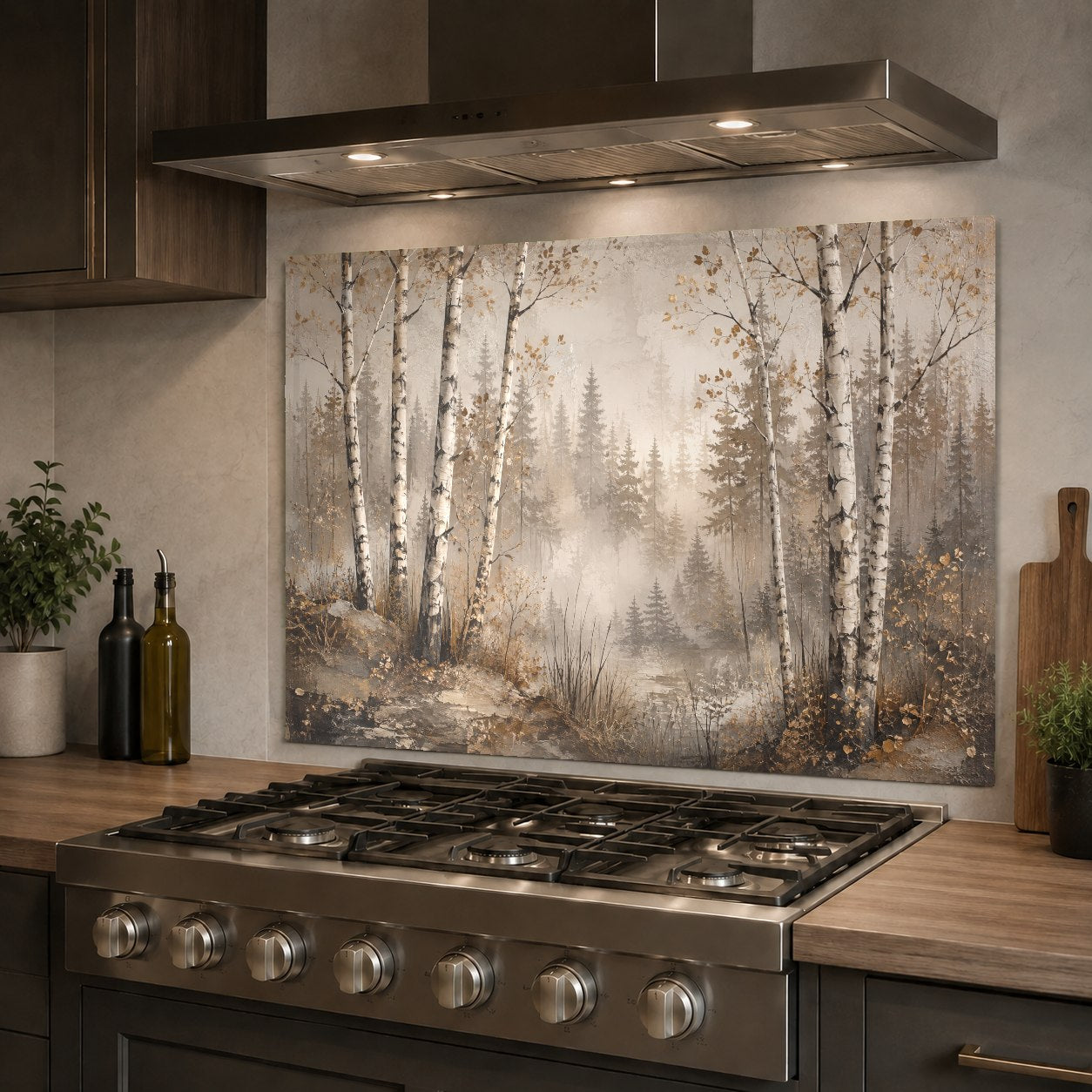 Birch Mist forest design glass backsplash mounted on a sleek sink wall