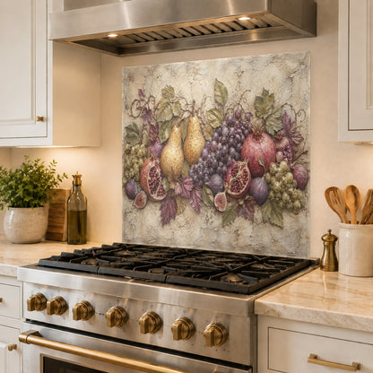 Modern fruit glass kitchen backsplash reflecting natural lighting