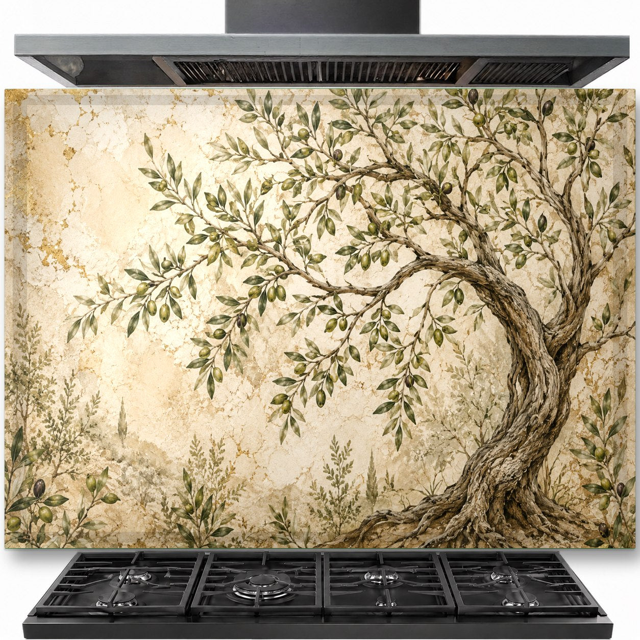 Olive Fresco tempered glass backsplash installed behind a modern gas cooktop in a rustic Mediterranean kitchen.