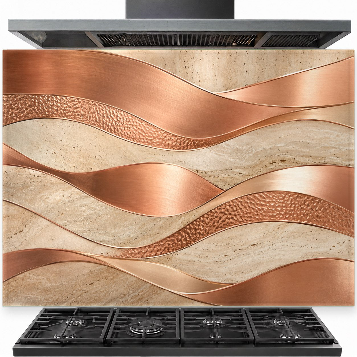 Copper Flow tempered glass backsplash installed behind a modern gas stove in a luxury kitchen