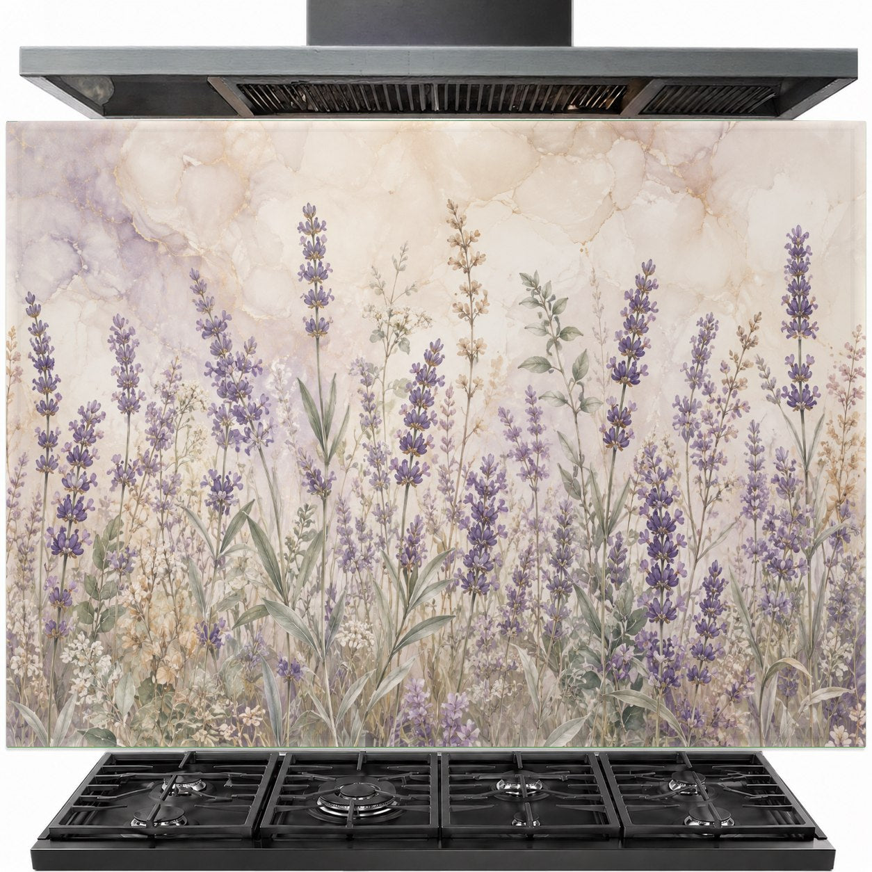 Lavender Meadow glass backsplash panel installed behind a modern gas stove in a white farmhouse kitchen.