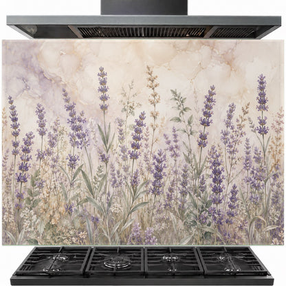 Lavender Meadow glass backsplash panel installed behind a modern gas stove in a white farmhouse kitchen.