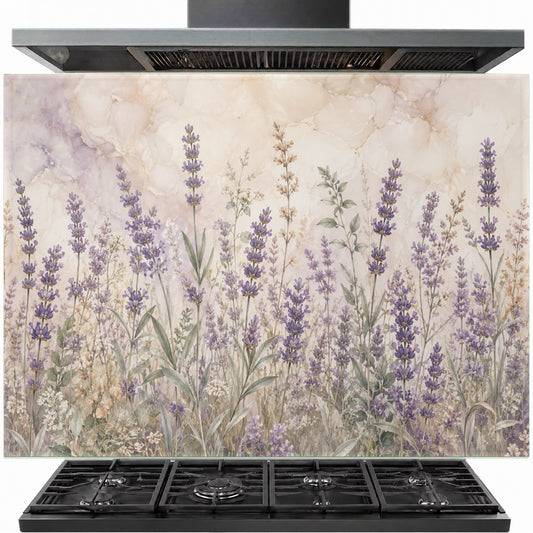 Lavender Meadow glass backsplash panel installed behind a modern gas stove in a white farmhouse kitchen.