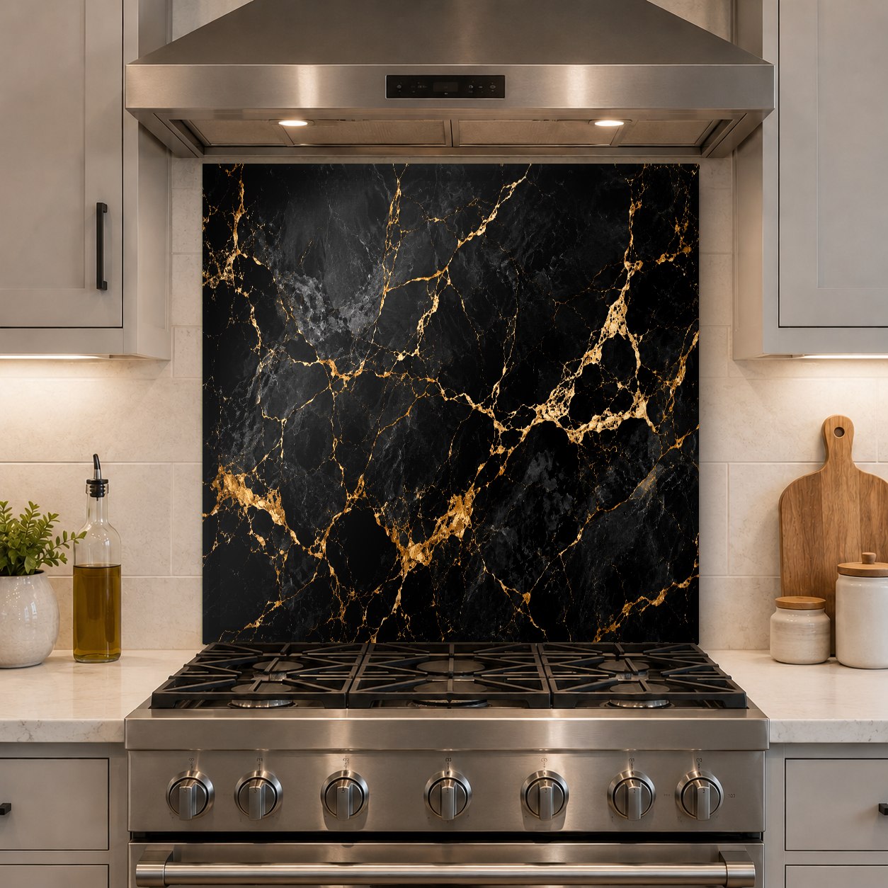 Stunning black stone look glass backsplash installed in a minimalist kitchen with dark cabinetry.