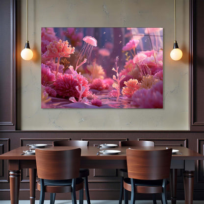 Dining room with a large wall-mounted artwork of pink floral and jellyfish design, illuminated by two pendant lights.