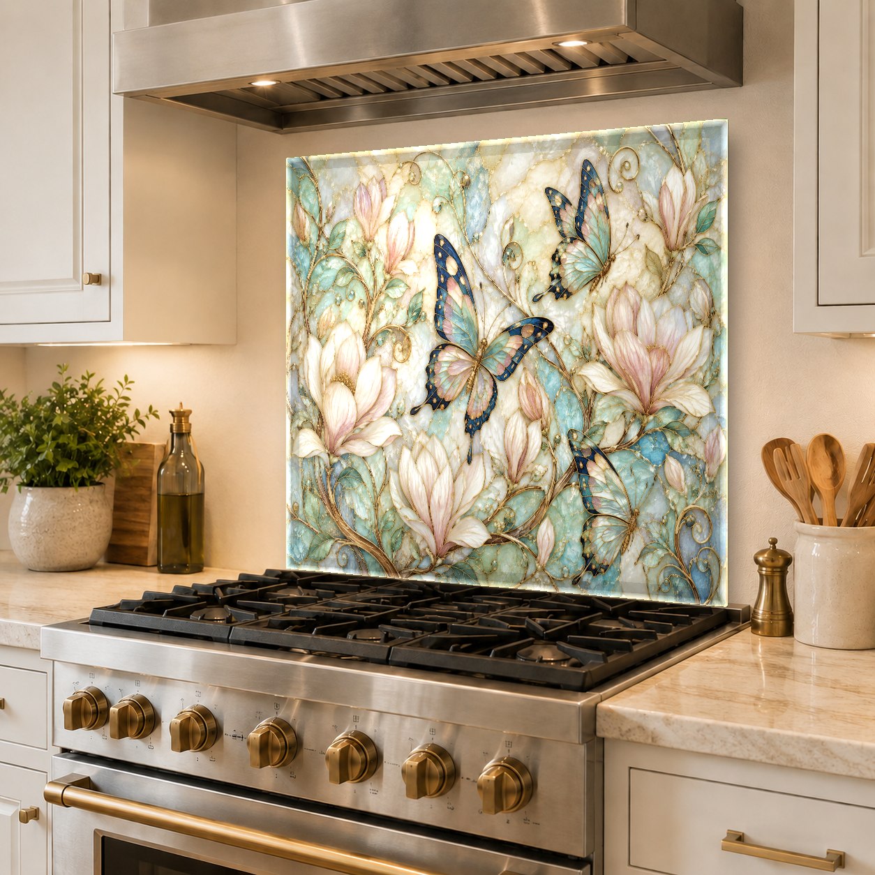 Modern kitchen featuring butterfly motif tempered glass backsplash