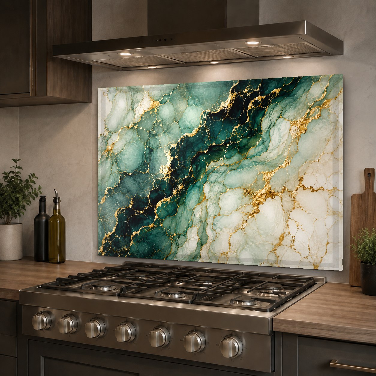 Close-up of the heat-resistant emerald marble look glass backsplash behind a high-end kitchen range.