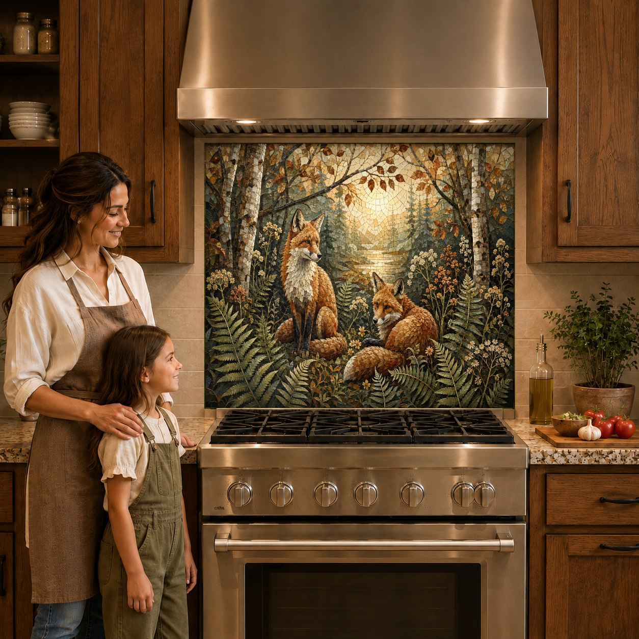 Earthy woodland fox kitchen backsplash panel mounted behind an induction cooktop with wooden cabinets.