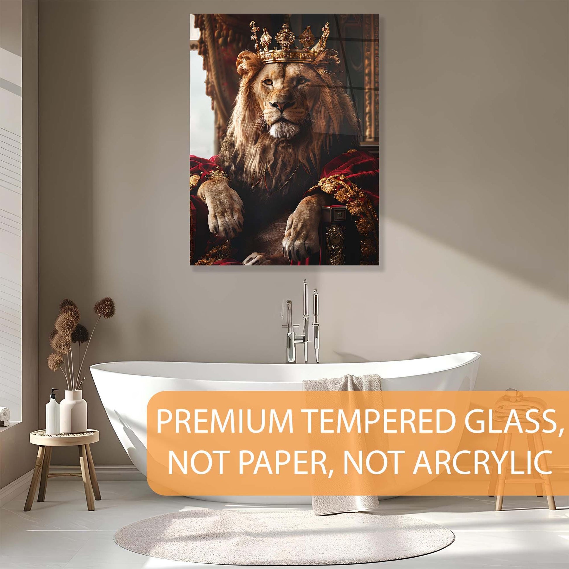Modern bathroom with a large wall art of a lion wearing a crown, featuring premium tempered glass.