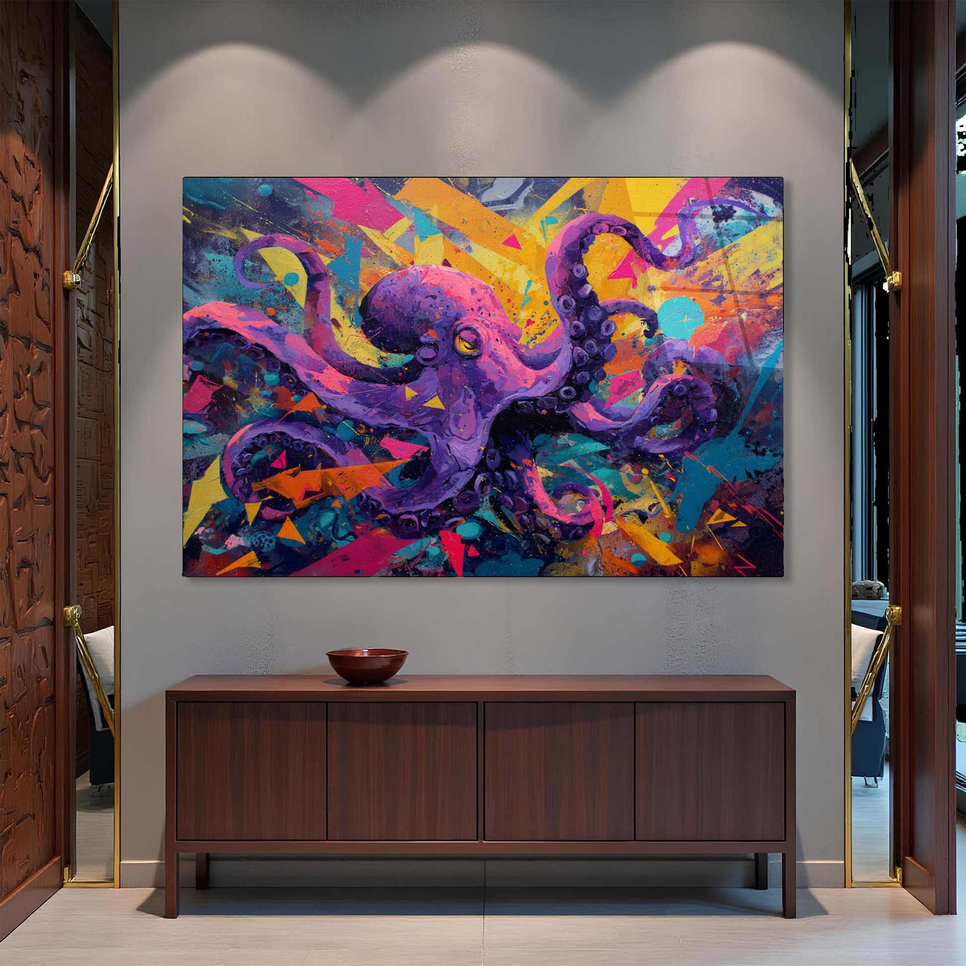 Colorful abstract painting of an octopus on a wall above a wooden cabinet.