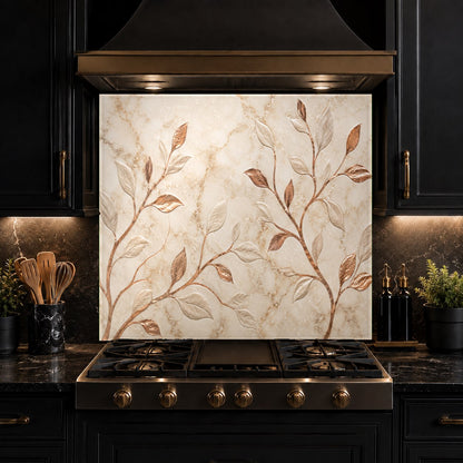 Seamless heat-resistant glass backsplash with copper foliage behind a kitchen countertop