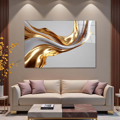 Modern living room with a gold abstract painting on the wall above a beige sofa.
