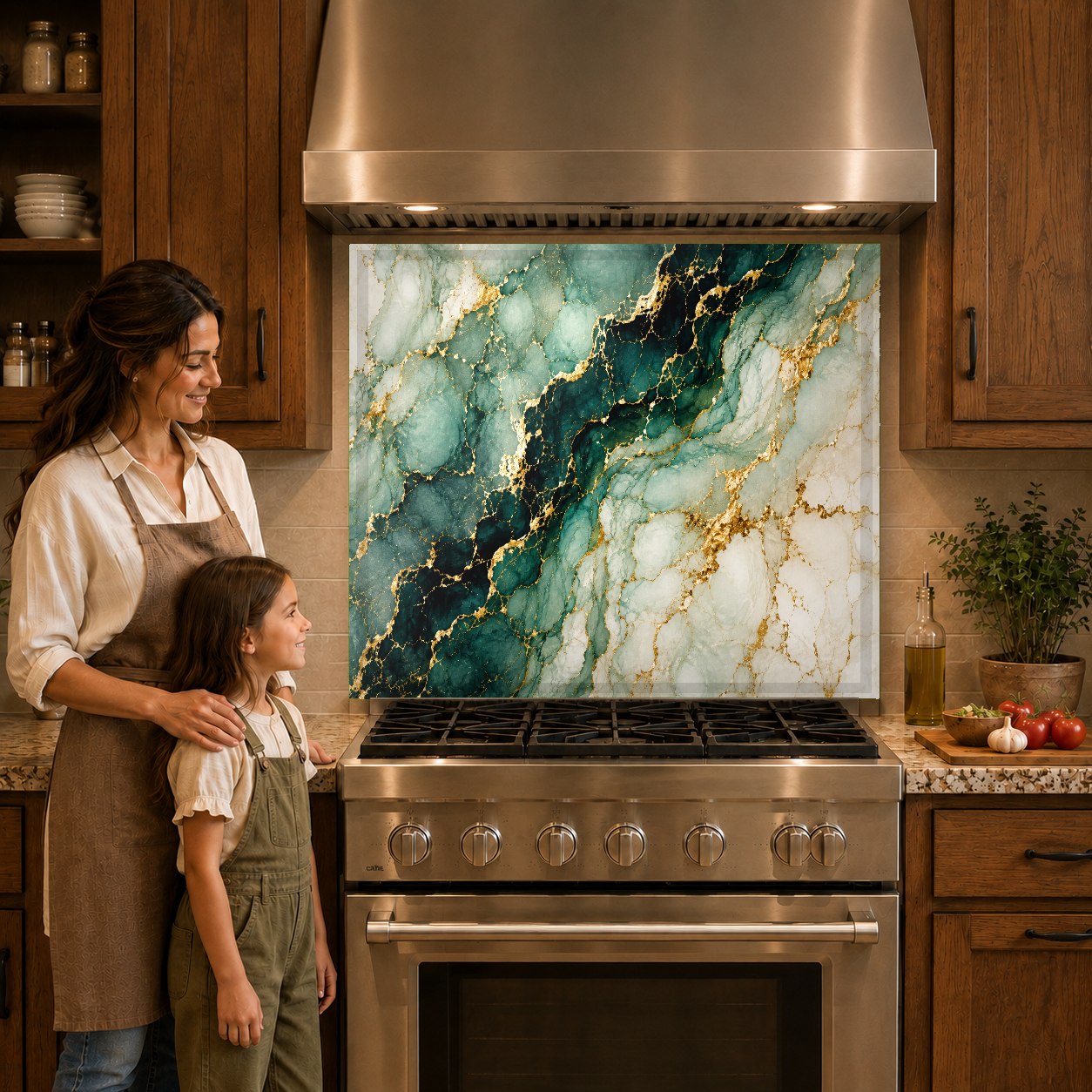 Tempered glass backsplash panel with deep green and gold veins protecting the wall behind an induction cooktop.